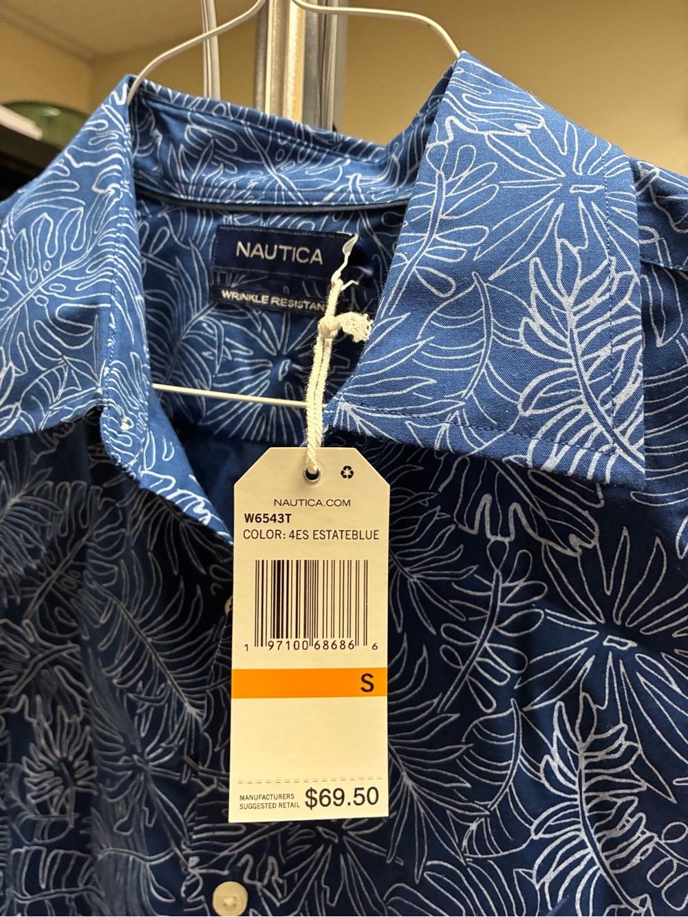 Nautica Men’s Estate Blue Tropical Leaf-Print Button Shirt small new